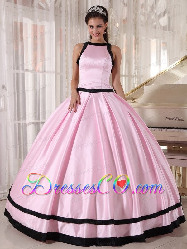 Baby Pink And Black Ball Gown Bateau Long Taffeta Quinceanera Dress