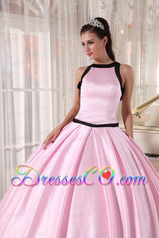 Baby Pink And Black Ball Gown Bateau Long Taffeta Quinceanera Dress
