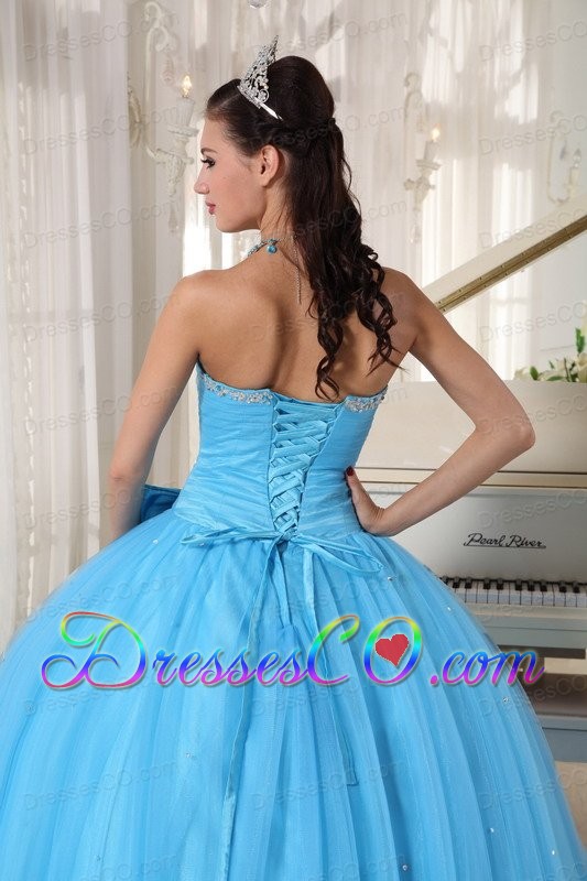 Aqua Blue Ball Gown Long Tulle Beading And Bowknot Quinceanera Dress