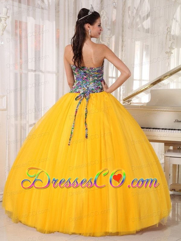 Yellow Ball Gown Strapless Long Tulle And Printing Sequins Quinceanera Dress
