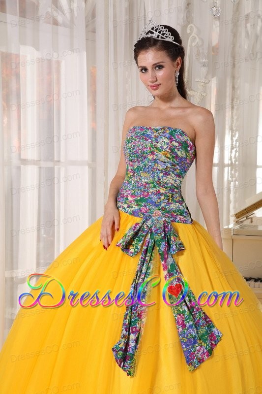 Yellow Ball Gown Strapless Long Tulle And Printing Sequins Quinceanera Dress