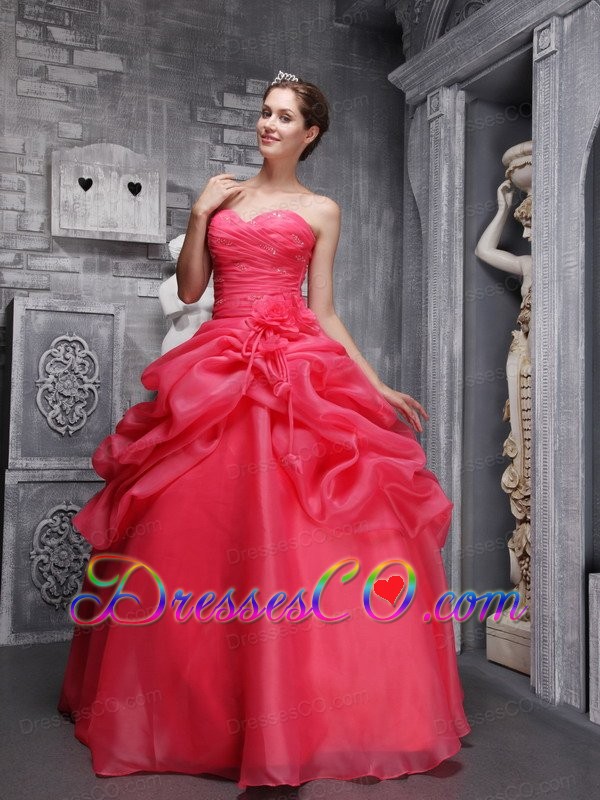 Coral Red Ball Gown Sweethrart Long Organza Beading And Ruched Quinceanera Dress