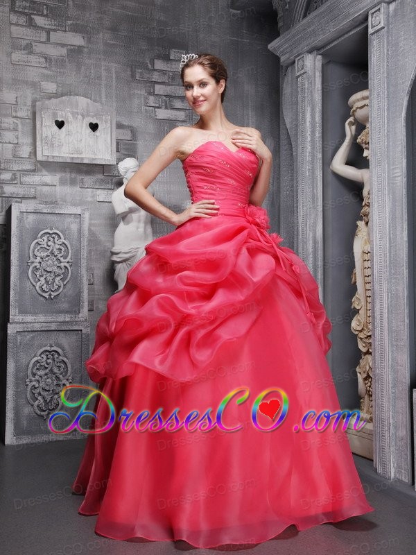 Coral Red Ball Gown Sweethrart Long Organza Beading And Ruched Quinceanera Dress
