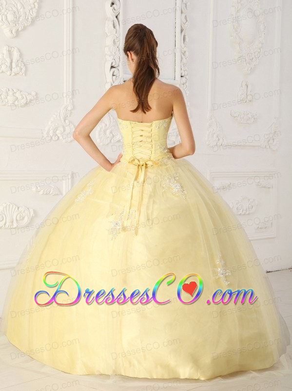 Light Yellow Ball Gown Long Taffeta And Organza Appliques Quinceanera Dress