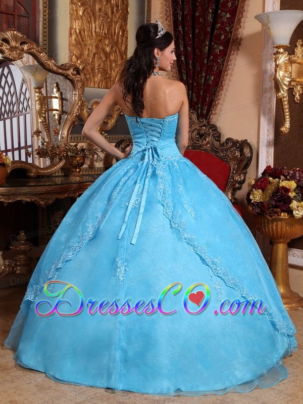 Aqua Blue Ball Gown Strapless Long Organza Appliques Quinceanera Dress