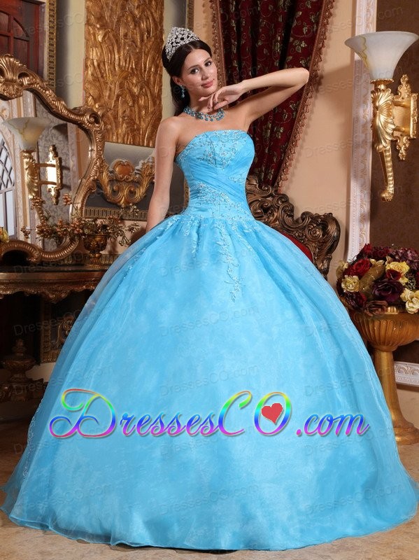 Aqua Blue Ball Gown Strapless Long Organza Appliques Quinceanera Dress