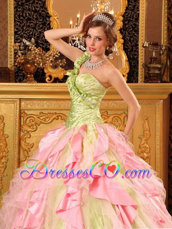 Multi-color Ball Gown One Shoulder Long Taffeta And Organza Beading And Ruffles Quinceanera Dress