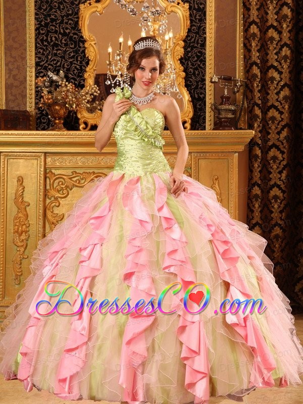 Multi-color Ball Gown One Shoulder Long Taffeta And Organza Beading And Ruffles Quinceanera Dress