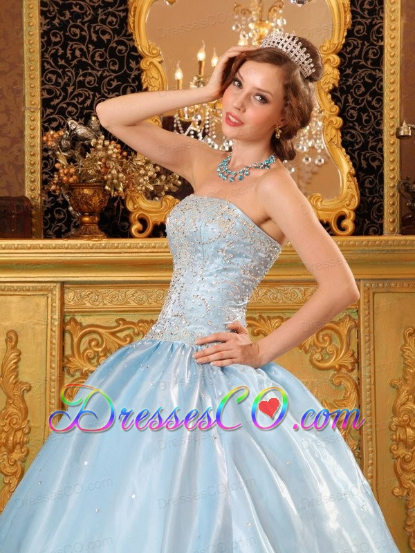 Baby Blue Ball Gown Strapless Long Organza Beading Quinceanera Dress