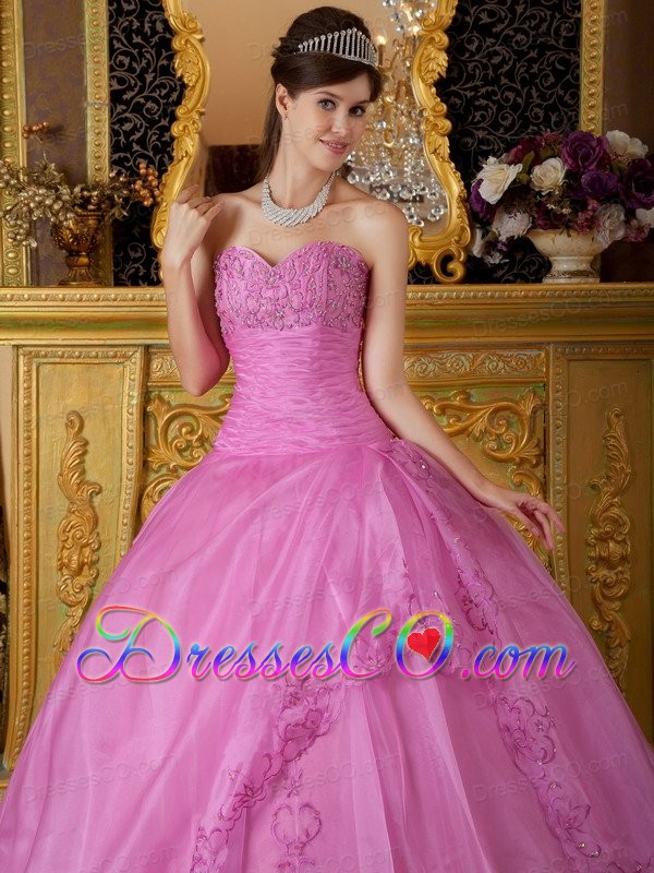 Rose Pink Ball Gown Long Appliques Organza Quinceanera Dress