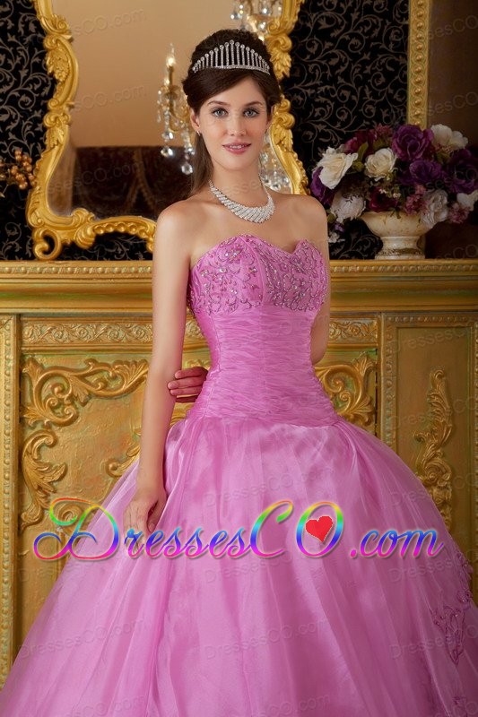 Rose Pink Ball Gown Long Appliques Organza Quinceanera Dress