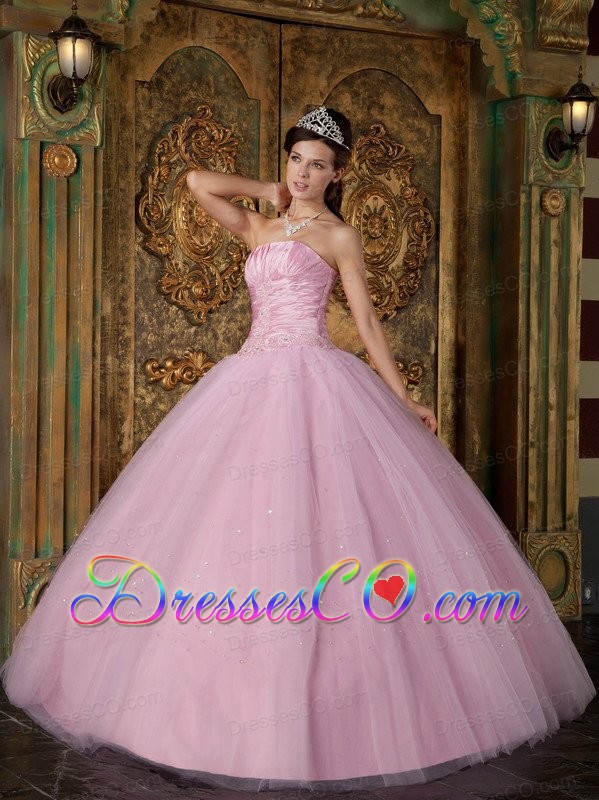 Pink Ball Gown Strapless Long Appliques Tulle Quinceanera Dress