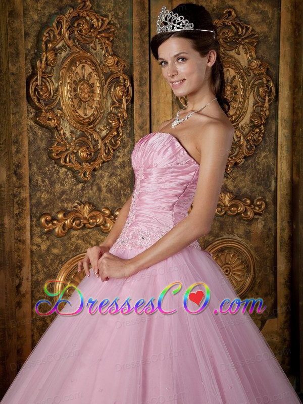 Pink Ball Gown Strapless Long Appliques Tulle Quinceanera Dress