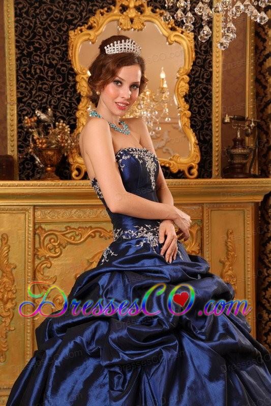 Remarkable Ball Gown Strapless Long Appliques Taffeta Navy Blue Quinceanera Dress