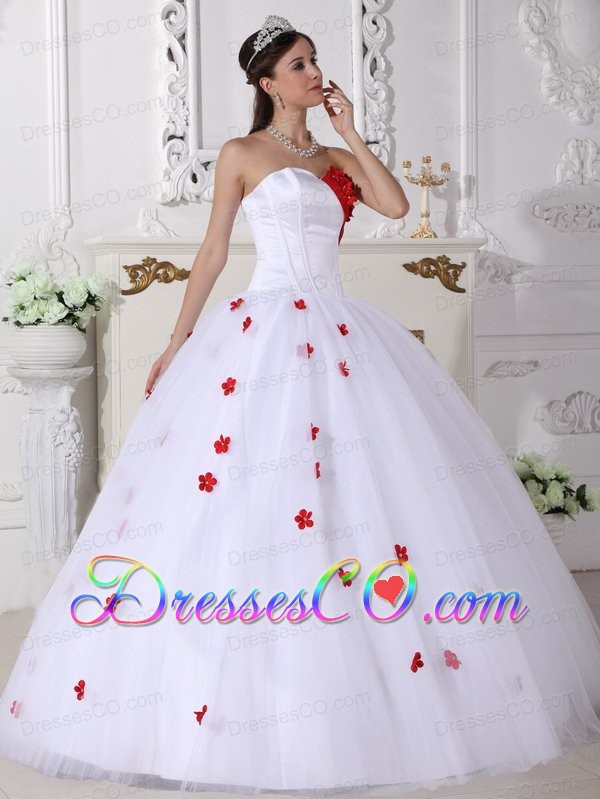 White And Red Ball Gown Long Satin And Tulle Appliques Quinceanera Dress