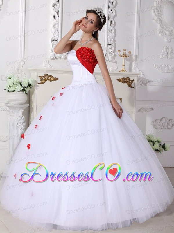 White And Red Ball Gown Long Satin And Tulle Appliques Quinceanera Dress
