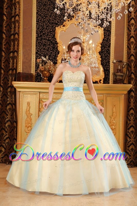 Elegant A-line Long Beading Satin And Organza Champagne Quinceanera Dress