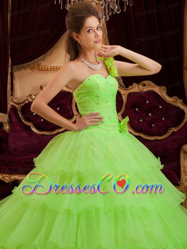Lemon Green A-line / Princess One Shoulder Long Ruffles Quinceanera Dress