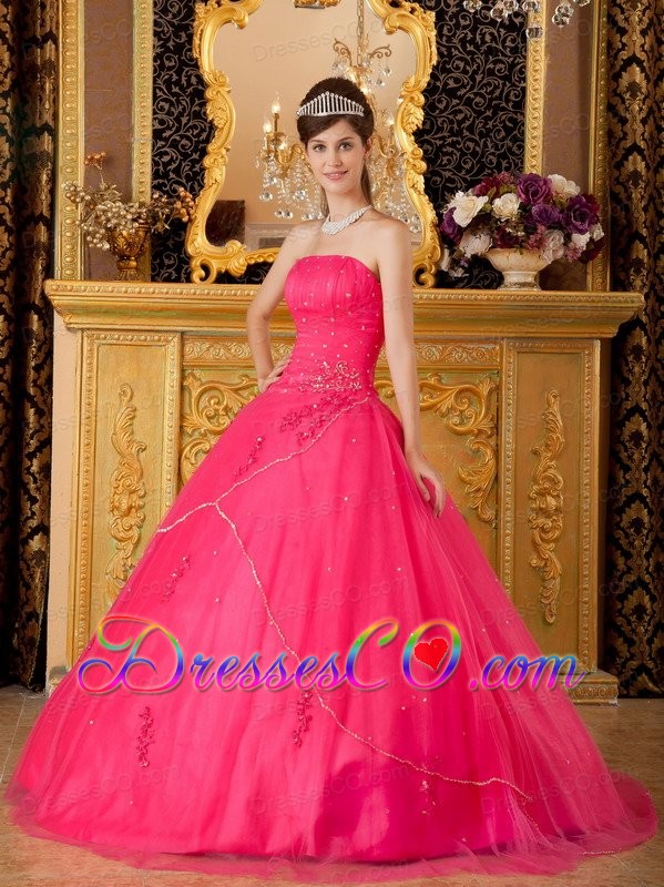 Hot Pink A-line / Princess Strapless Long Tulle Appliques Quinceanera Dress
