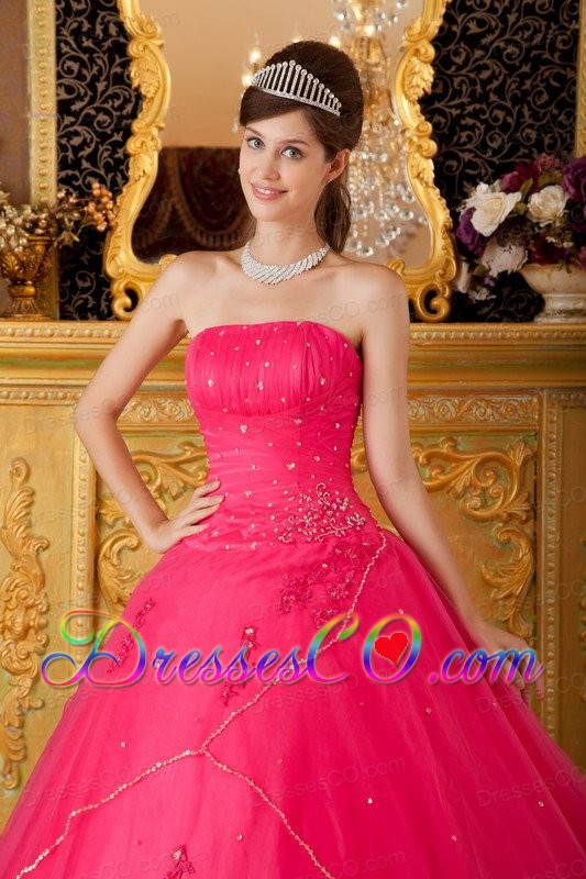 Hot Pink A-line / Princess Strapless Long Tulle Appliques Quinceanera Dress