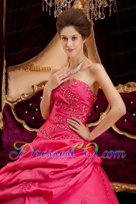 Coral Red Ball Gown Strapless Long Taffeta Appliques Quinceanera Dress