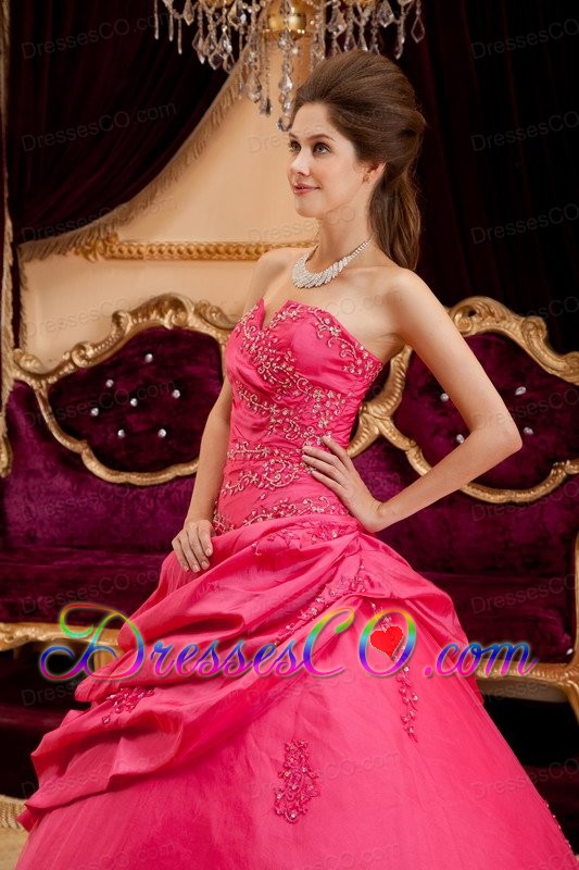 Coral Red Ball Gown Strapless Long Taffeta Appliques Quinceanera Dress