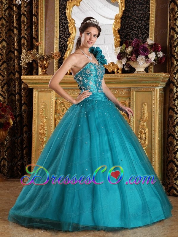 Teal A-line / Princess One Shoulder Long Tulle Beading Quinceanera Dress