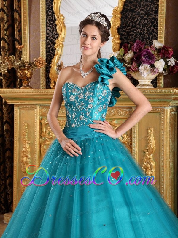 Teal A-line / Princess One Shoulder Long Tulle Beading Quinceanera Dress