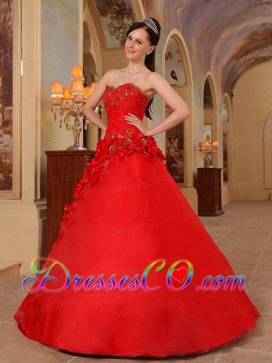Red Ball Gown Long Organza Hand Made Flowers Quinceanera Dress