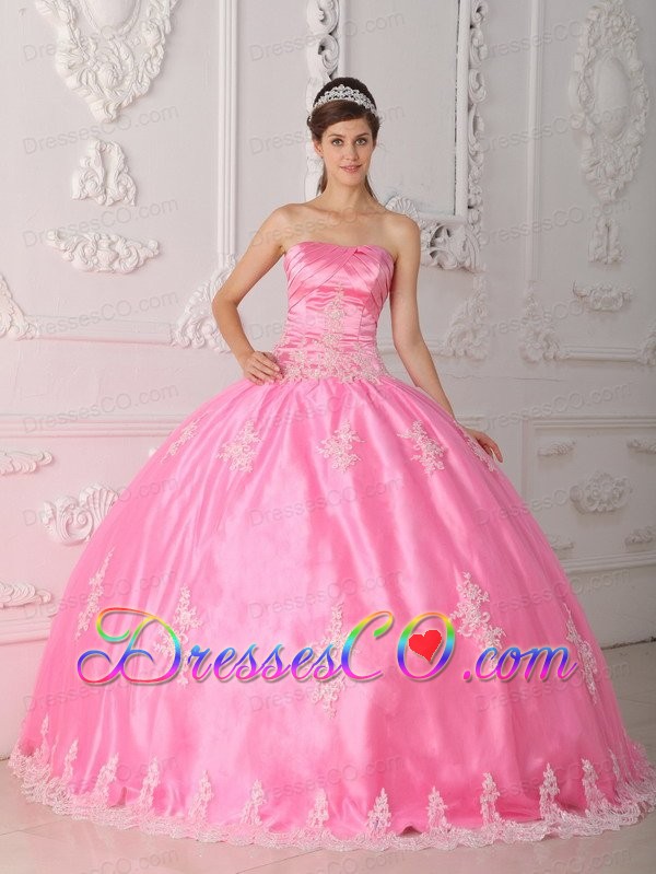 Pink Ball Gown Strapless Long Lace Appliques Quinceanera Dress
