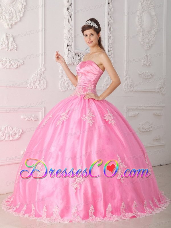 Pink Ball Gown Strapless Long Lace Appliques Quinceanera Dress