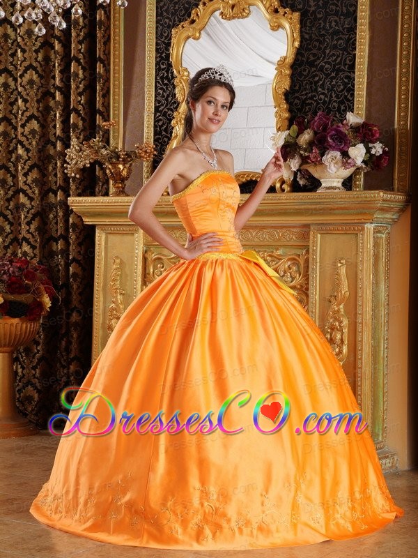 Orange Ball Gown Strapless Long Satin Embroidery Quinceanera Dress
