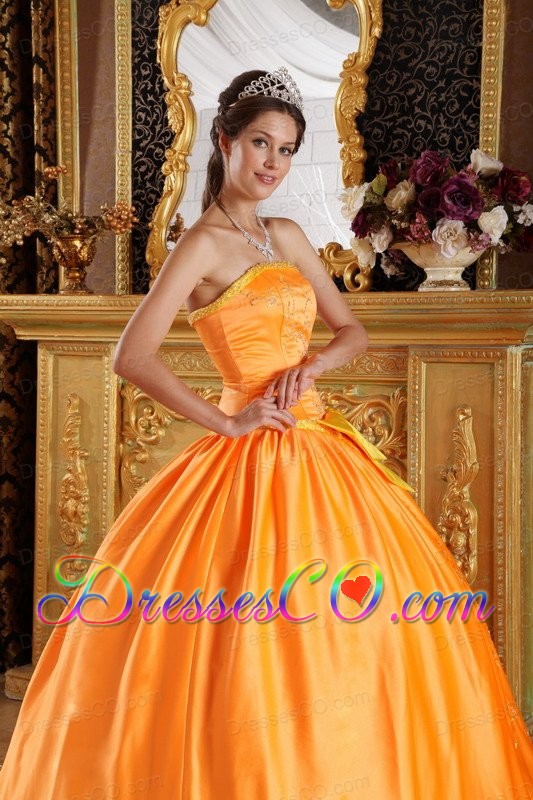 Orange Ball Gown Strapless Long Satin Embroidery Quinceanera Dress