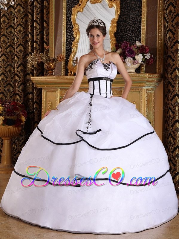 White Ball Gown Strapless Long Satin And Organza Appliques Quinceanera Dress