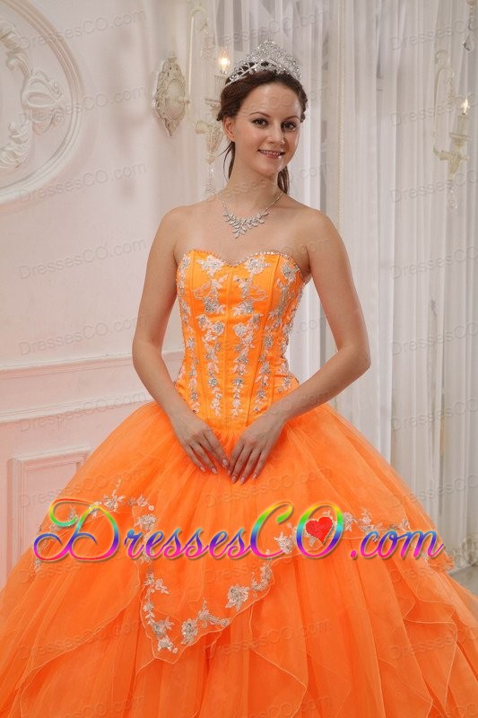 Orange Ball Gown Long Organza Appliques Quinceanera Dress