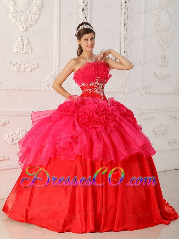 Red Ball Gown Strapless Long Taffeta And Organza Quinceanera Dress