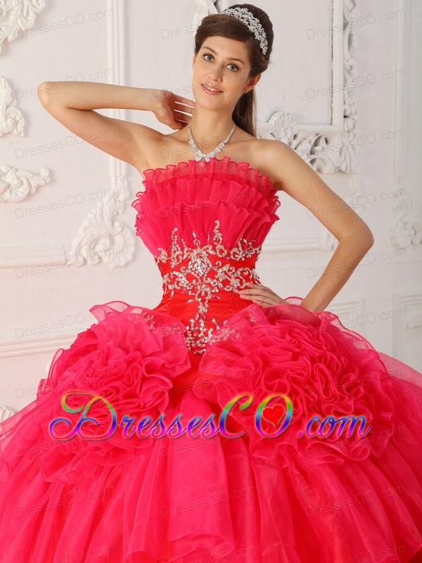 Red Ball Gown Strapless Long Taffeta And Organza Quinceanera Dress
