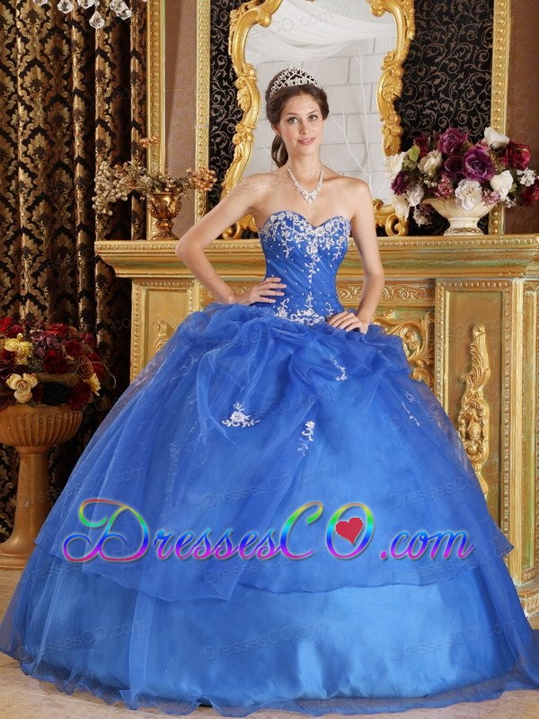 Blue Ball Gown Long Organza Appliques Quinceanera Dress