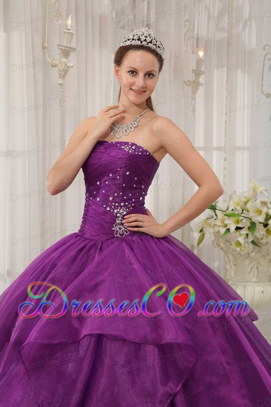 Purple Ball Gown Strapless Long Organza Beading Quinceanera Dress