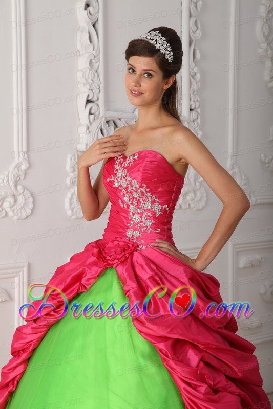 Green And Red Ball Gown Long Taffeta Appliques And Ruching Quinceanera Dress