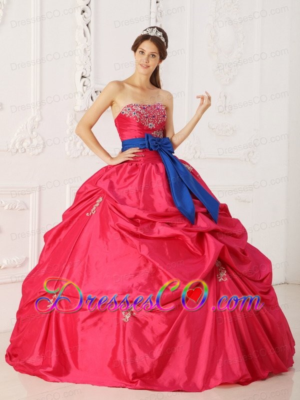 Coral Red Ball Gown Strapless Long Taffeta Beading And Sash Quinceanera Dress
