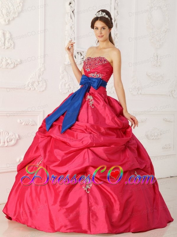 Coral Red Ball Gown Strapless Long Taffeta Beading And Sash Quinceanera Dress