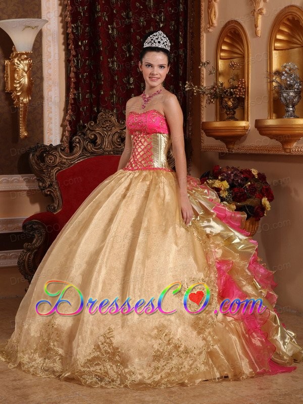 Gold Ball Gown Strapless Long Organza Embroidery Quinceanera Dress