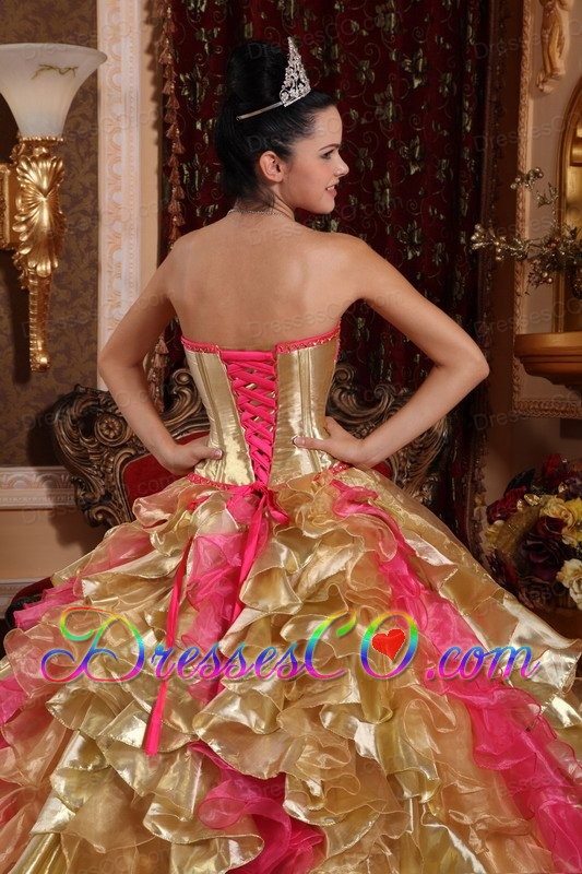 Gold Ball Gown Strapless Long Organza Embroidery Quinceanera Dress