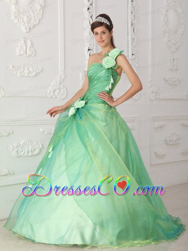 Apple Green Ball Gown One Shoulder Long Organza Beading And Hand Flower Quinceanera Dress