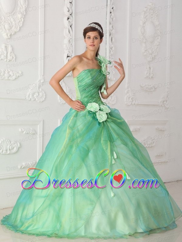 Apple Green Ball Gown One Shoulder Long Organza Beading And Hand Flower Quinceanera Dress
