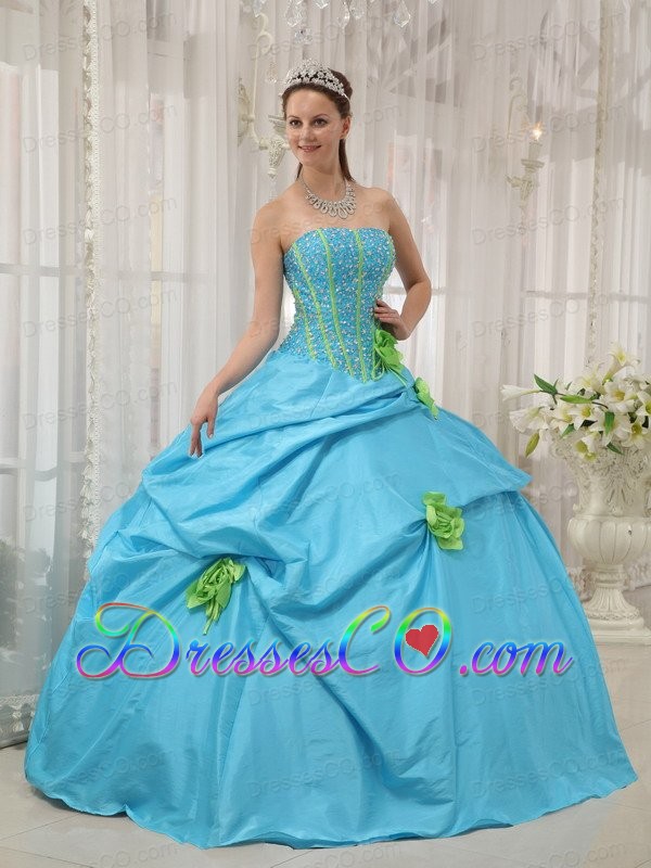 Baby Blue Ball Gown Strapless Long Taffeta Beading And Hand Flowers Quinceanera Dress