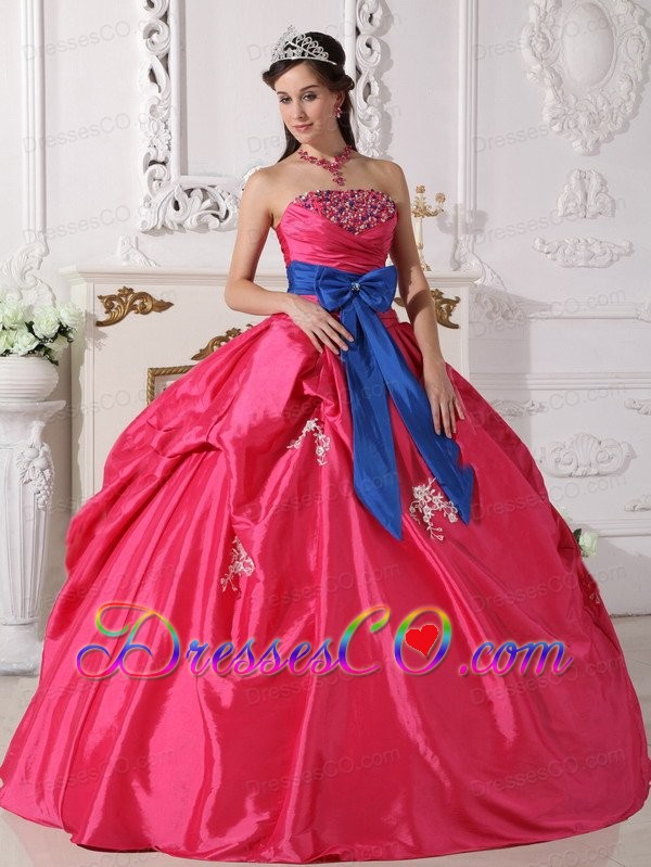 Hot Pink Ball Gown Strapless Long Taffeta Beading Quinceanera Dress