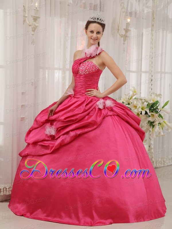 Fuchsia Ball Gown One Shoulder Long Taffeta Beading Pick-ups Quinceanera Dress