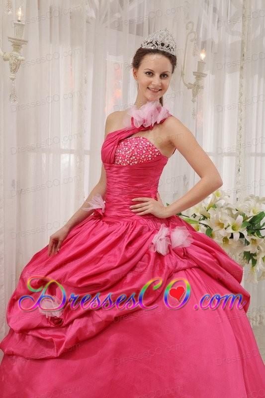 Fuchsia Ball Gown One Shoulder Long Taffeta Beading Pick-ups Quinceanera Dress